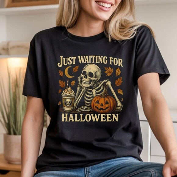 Tops - Just Waiting for Halloween Shirt – Skeleton Sitting Graphic Tee